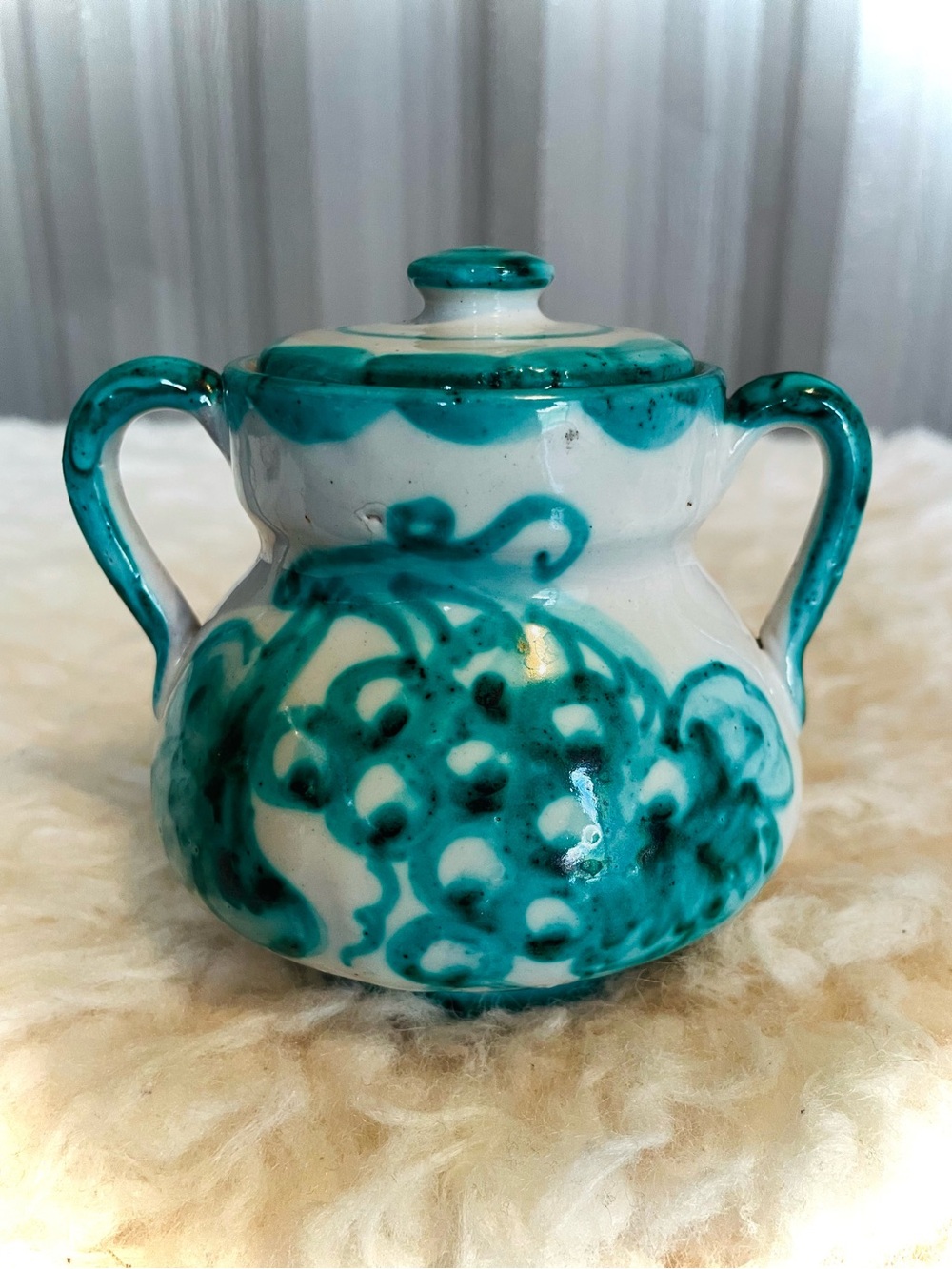 VTG Lidded Sugar Bowl Hand Painted in Italy Ceramic White w/ Green Grapes Motif